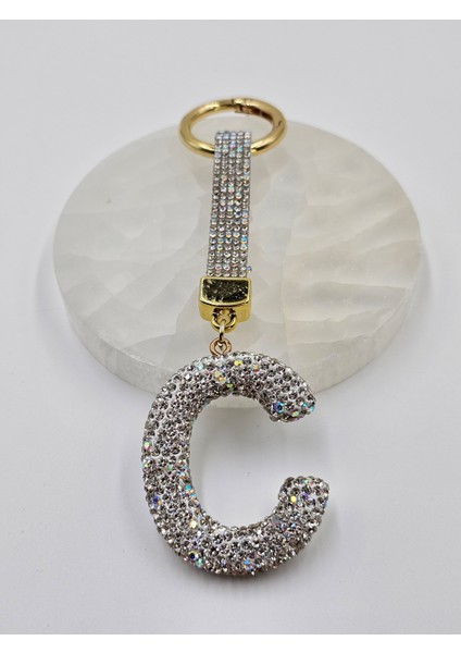 C Harfi Beyaz Taşlı Anahtarlık , Vıp Seri Çanta Charmı