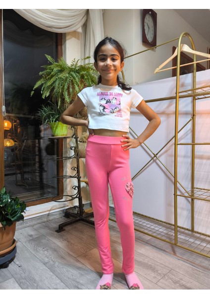 Kız Çocuk Tayt Kışlık Şardonlu Pamuklu Beli Lastikli Nakışlı Kalp Pembe fiyatları