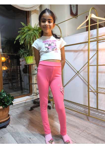 Kız Çocuk Tayt Kışlık Şardonlu Pamuklu Beli Lastikli Nakışlı Kalp Pembe modelleri
