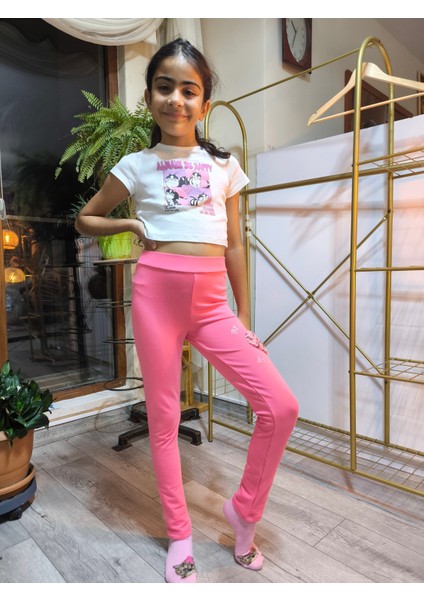 Kız Çocuk Tayt Kışlık Şardonlu Pamuklu Beli Lastikli Nakışlı Kalp Pembe fırsatları