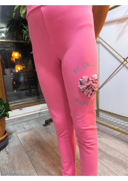 Kız Çocuk Tayt Kışlık Şardonlu Pamuklu Beli Lastikli Nakışlı Kalp Pembe