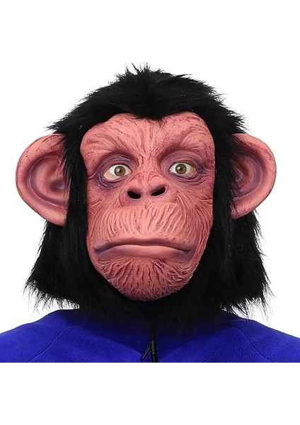 Siyah Saçlı Kafaya Tam Geçmeli Lateks Şempanze Maskesi - Lateks Maymun Orangutan Goril Maske Et Maske