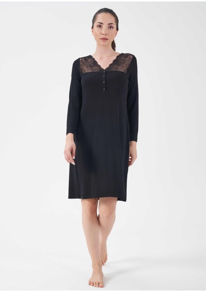 Kadın Siyah Patlı Dantelli Gecelik - 15235
