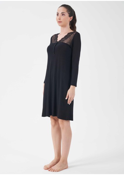 Kadın Siyah Patlı Dantelli Gecelik - 15235 modelleri