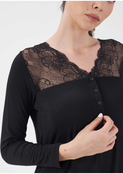 Kadın Siyah Patlı Dantelli Gecelik - 15235