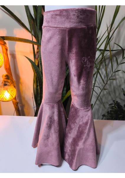 Kız Çocuk Fransız Kadife Geniş Dökümlü Ispanyol Paça Tayt Ohlala Gül Kurusu