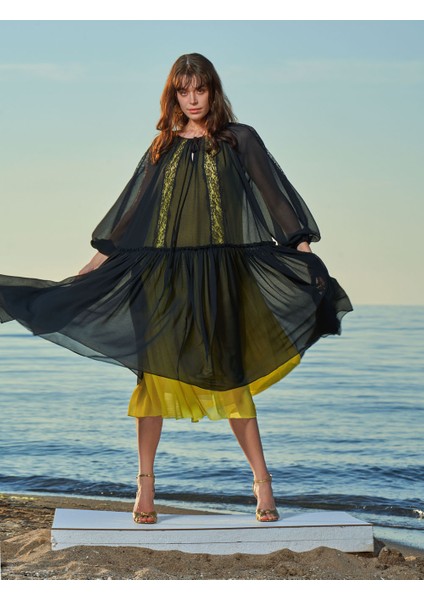 Siyah Dantel detaylı şifon elbise 93554