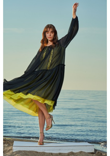 Siyah Dantel detaylı şifon elbise 93554 fiyatları