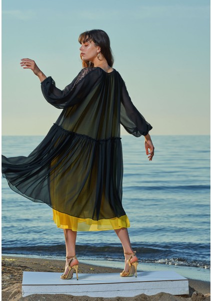 Siyah Dantel detaylı şifon elbise 93554 modelleri