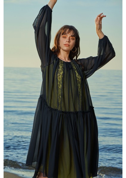 Siyah Dantel detaylı şifon elbise 93554 fırsatları