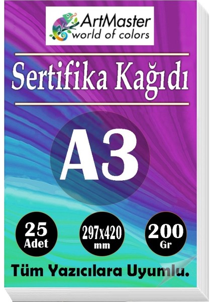 A3 Sertifika Kağıdı 25 Adet 200 Gram Kalın Fotokopi Kağıdı Tüm Yazıcılara Uyumlu 29.7X42 cm Kalın Baskı Kağıdı