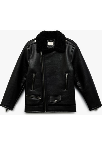 Peluş Detaylı Uzun Kollu Kruvaze Yaka Biker Deri Ceket