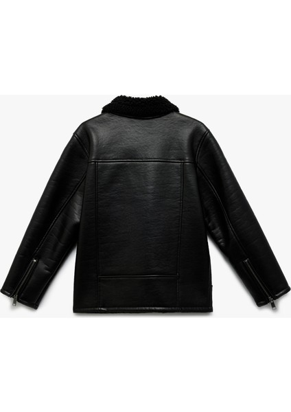 Peluş Detaylı Uzun Kollu Kruvaze Yaka Biker Deri Ceket fiyatları