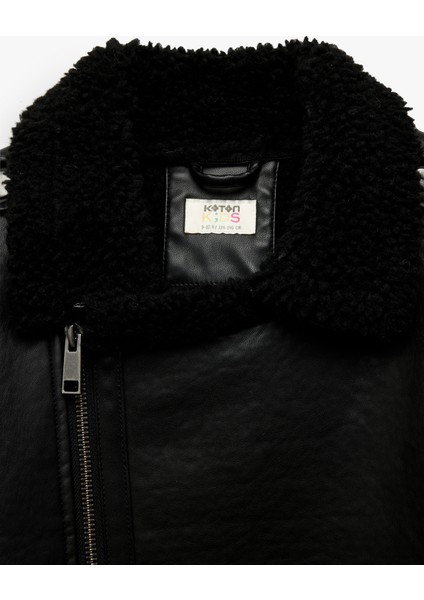 Peluş Detaylı Uzun Kollu Kruvaze Yaka Biker Deri Ceket modelleri