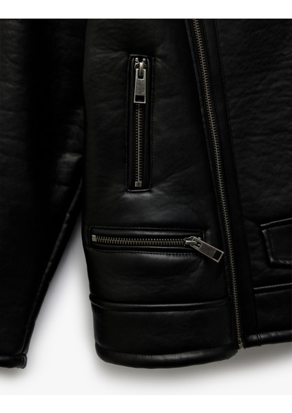 Peluş Detaylı Uzun Kollu Kruvaze Yaka Biker Deri Ceket fırsatları