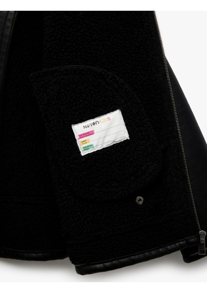 Peluş Detaylı Uzun Kollu Kruvaze Yaka Biker Deri Ceket indirimleri