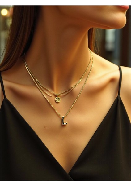 L Harfi 316L Paslanmaz Çelik Zincir Altın Kaplama Kolye Hediye Kalp Sevgili Eş