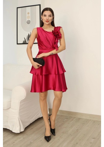 Çiçek Detaylı Saten Elbise 2371-FUŞYA