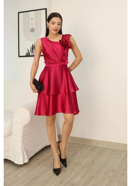 Çiçek Detaylı Saten Elbise 2371-FUŞYA fiyatları