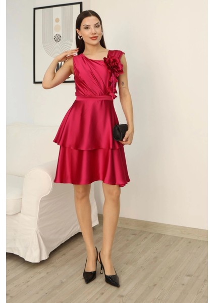 Çiçek Detaylı Saten Elbise 2371-FUŞYA modelleri