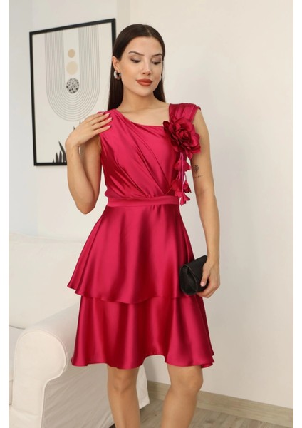 Çiçek Detaylı Saten Elbise 2371-FUŞYA fırsatları