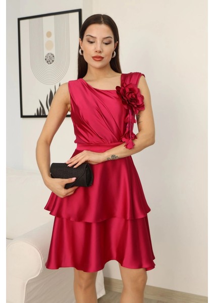 Çiçek Detaylı Saten Elbise 2371-FUŞYA indirimleri