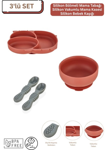 3'lü Silikon Bebek Beslenme Seti / Bölmeli Mama Tabağı / Mama Kasesi / Mama Kaşığı - Kiremit Rengi