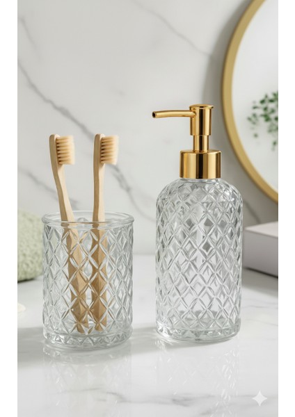 Lüks Desenli Cam Banyo Seti | Altın Basmalı Sıvı Sabunluk ve Diş Fırçalık