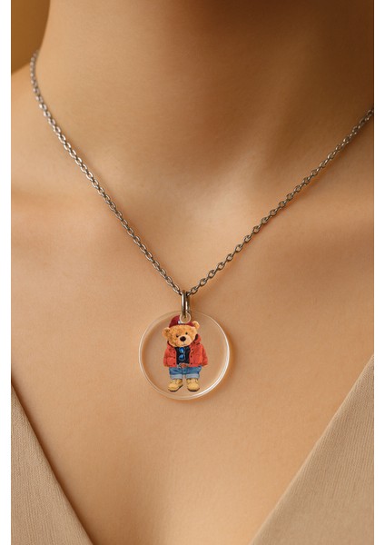 Şeffaf Sert Akrilik Kolye Ucu ve Üzeri Zincirli Desenli Kolye Teddy-Bear