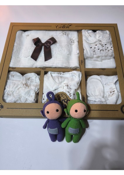 Kız-Erkek Yeni Doğan Hastane Çıkışı % 100 Organik Pamuk Kutulu 10'lu Full Takım Müslin Çiçekli