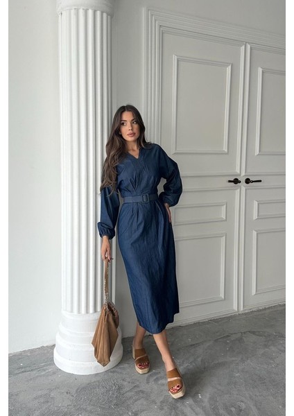 Mavi Tencel Uzun Kollu Elbise modelleri