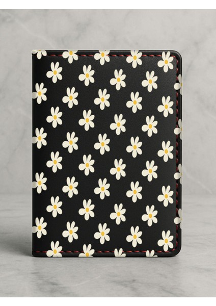 Ruhsat Koruyucu Baskılı Kart Bölmeli Siyah Vinlex Deri Ruhsat Kabı Kılıfı Papatya