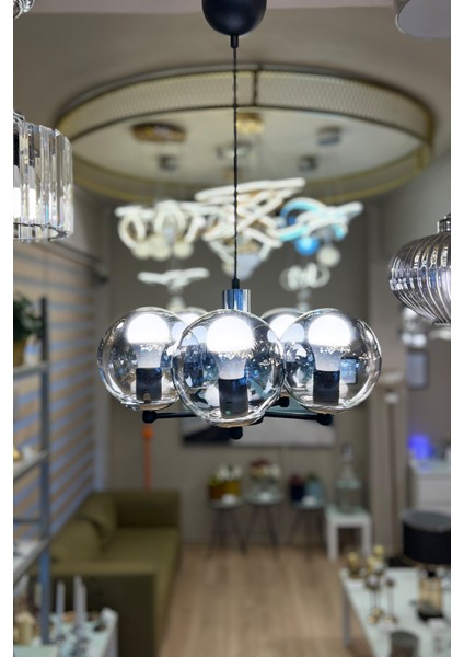 Globe Black & Silver Up Penta FÜME Cam Avize