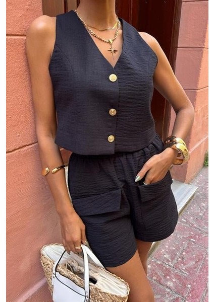 Mini Yelekli Şortlu Keten Takım 10176-08