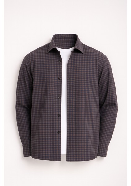 Jonas Ekose Küçük Kareli Relaxed Fit %100 Pamuklu Flanel Kumaş Erkek Gömlek - Kahve