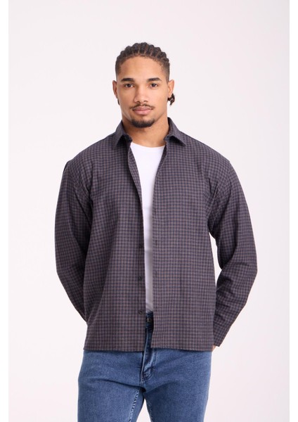 Jonas Ekose Küçük Kareli Relaxed Fit %100 Pamuklu Flanel Kumaş Erkek Gömlek - Kahve fiyatları