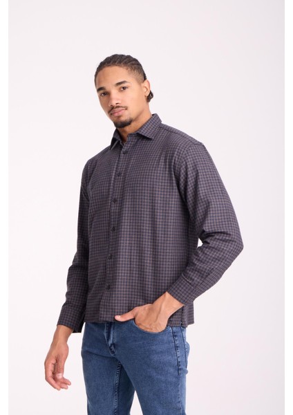 Jonas Ekose Küçük Kareli Relaxed Fit %100 Pamuklu Flanel Kumaş Erkek Gömlek - Kahve fırsatları