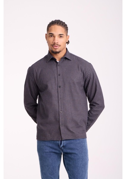 Jonas Ekose Küçük Kareli Relaxed Fit %100 Pamuklu Flanel Kumaş Erkek Gömlek - Kahve