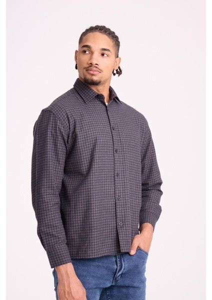 Jonas Ekose Küçük Kareli Relaxed Fit %100 Pamuklu Flanel Kumaş Erkek Gömlek - Kahve