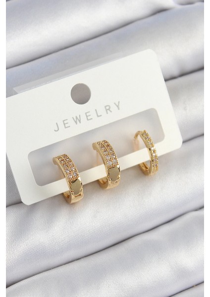Pirinç Zirkon Taşlı Halka Model Gold Renk 3'lü Çift Kadın Küpe Set - TJ-BKP10838