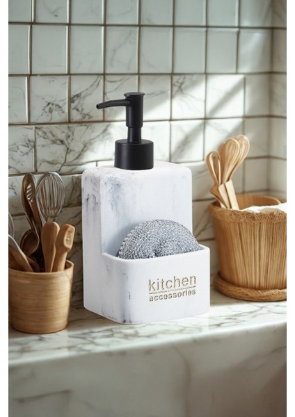 Kavren Polyresin Hazneli Sıvı Sabunluk – Sünger Bölmeli Mutfak Deterjanlık 500 ml (Sünger Hediyeli)