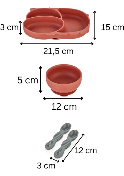 3'lü Silikon Bebek Beslenme Seti / Bölmeli Mama Tabağı / Mama Kasesi / Mama Kaşığı - Kiremit Rengi fırsatları