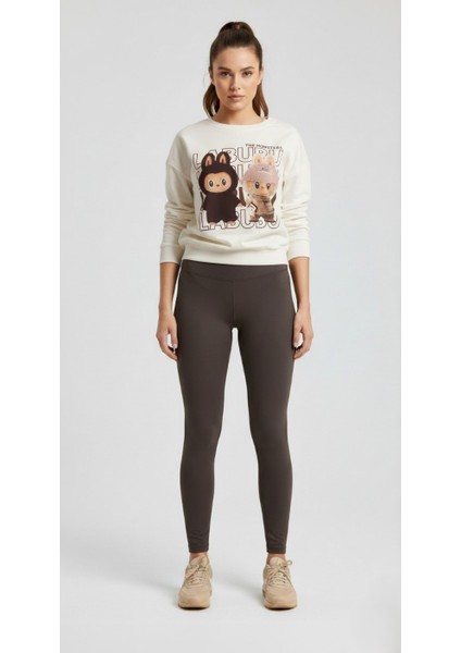 Kadın Soft Touch Ayıcık Desenli %100 Pamuk Sweatshirt - Casual Fit- Krem/pembe fırsatları