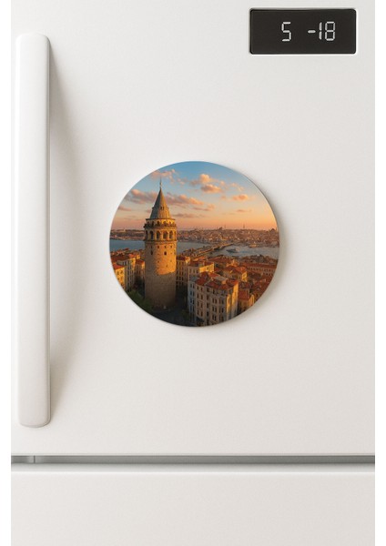 Desenli Temalı Yuvarlak Buzdolabı Magnet – 10X10 cm Galata Manzara