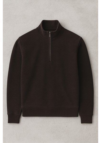 Lars Selanik Örme Kumaş Yarım Fermuar Erkek Sweatshirt - Kahve