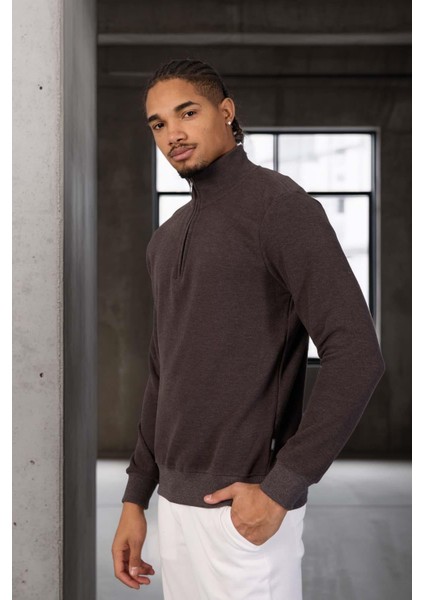 Lars Selanik Örme Kumaş Yarım Fermuar Erkek Sweatshirt - Kahve fiyatları