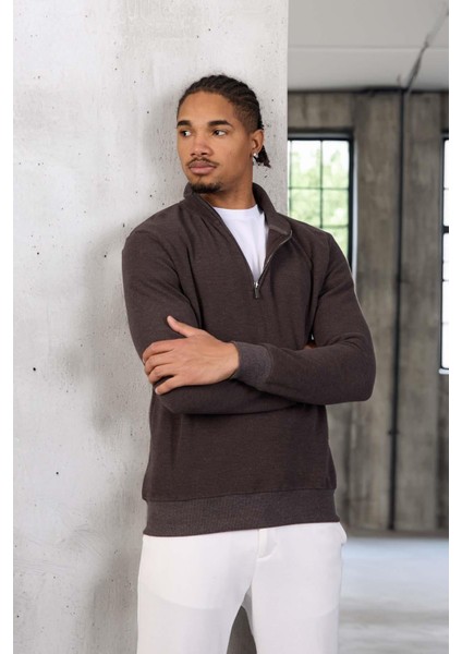 Lars Selanik Örme Kumaş Yarım Fermuar Erkek Sweatshirt - Kahve modelleri