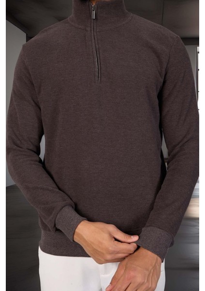Lars Selanik Örme Kumaş Yarım Fermuar Erkek Sweatshirt - Kahve fırsatları
