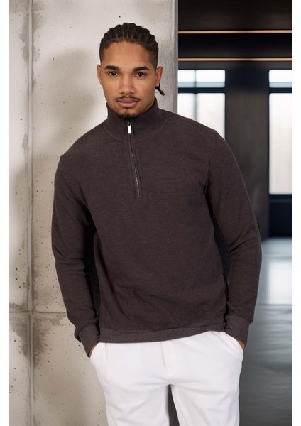 Lars Selanik Örme Kumaş Yarım Fermuar Erkek Sweatshirt - Kahve indirimleri