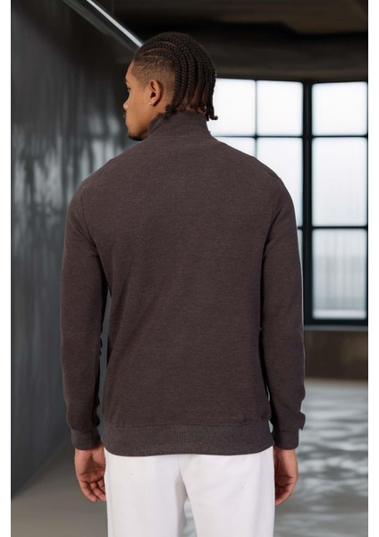 Lars Selanik Örme Kumaş Yarım Fermuar Erkek Sweatshirt - Kahve